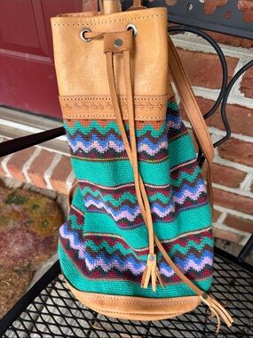 Boho Turquoise Guatemala Drawstring Bucket Backpack bag